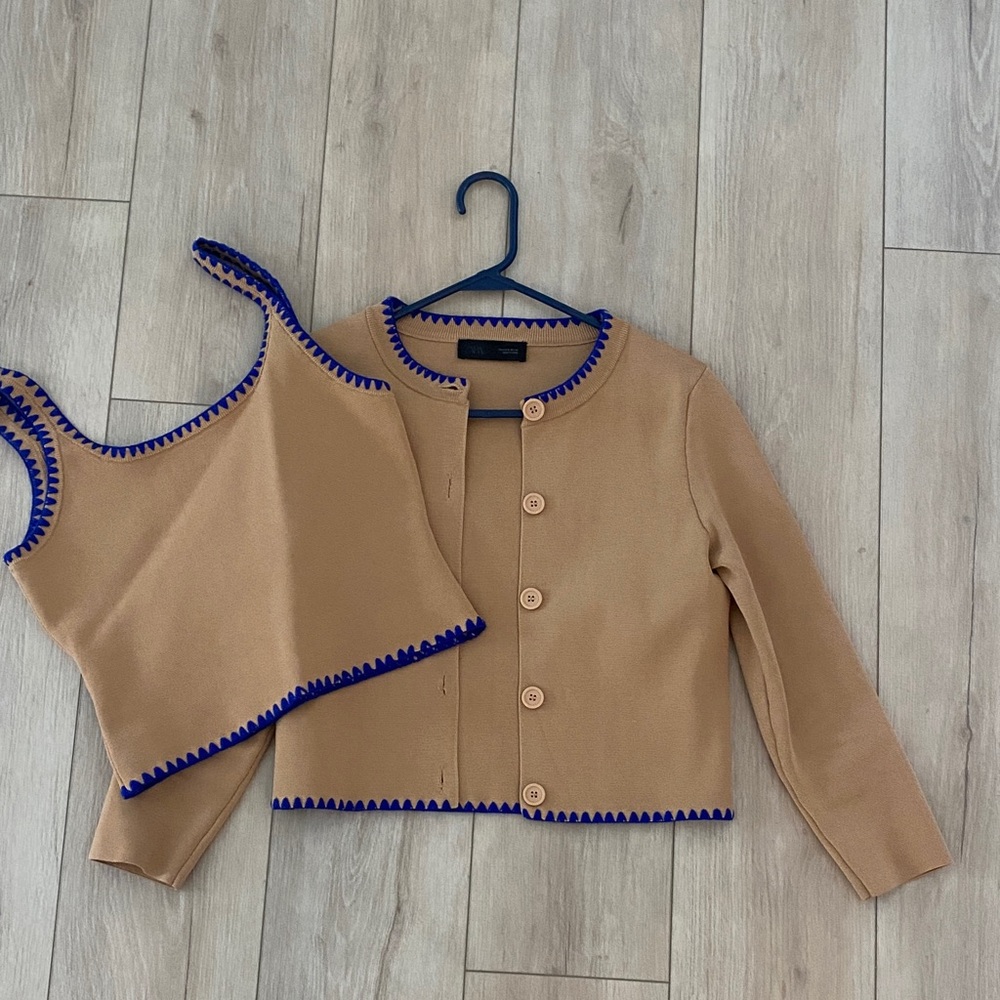 Zara Contrast Knit Tan and Blue Trim Cardigan and Tank Set S
